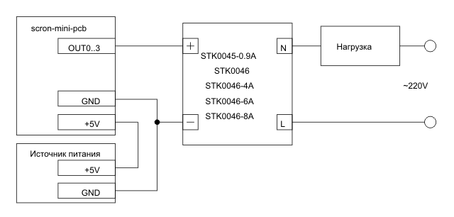 Схема включения для управления нагрузкой в сети переменного тока платы scron-mini-pcb