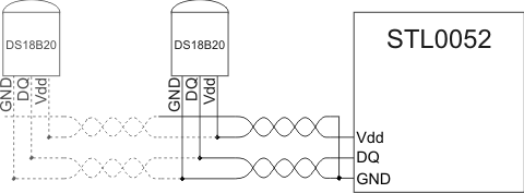 Трехпроводная схема подключения датчиков DS18B20 с использованием витой пары к терморегулятору STL0052.