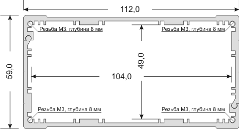 Габаритный чертёж профиля приборного алюминиевого PCBBOX-112x59