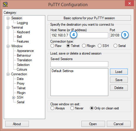 Настройки putty для подключения к UART-Ethernet адаптеру USR-TCP232-T подключенному к таймеру scron