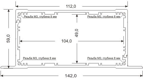 Габаритный чертеж корпуса с фланцами PCBBOX-F112x59 в разрезе